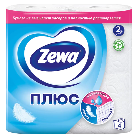 Бумага туалетная ZEWA Plus 144051, 2-х слойная, 23м, белая, 4рул/уп