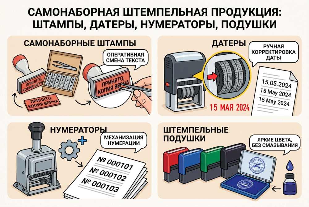 Штемпельный арсенал: датеры, нумераторы, штемпельные подушки