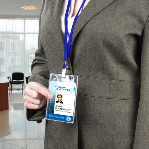 Бейдж вертикальный (120x87 мм), КОМПЛЕКТ 10 шт., на синей ленте 45 см, ДПС, 1065.ВК-101