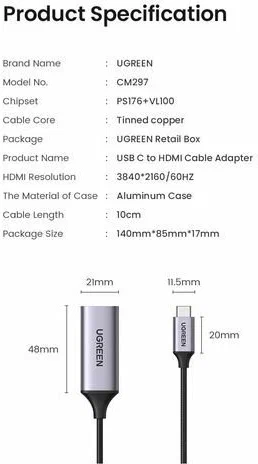 Адаптер UGREEN CM297 USB-C to HDMI Adapter серый космос (70444)
