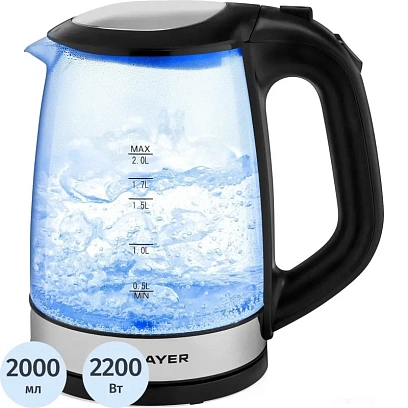Чайник электрический BRAYER BR1040BK, 2220Вт,  2 л, стекл., черный
