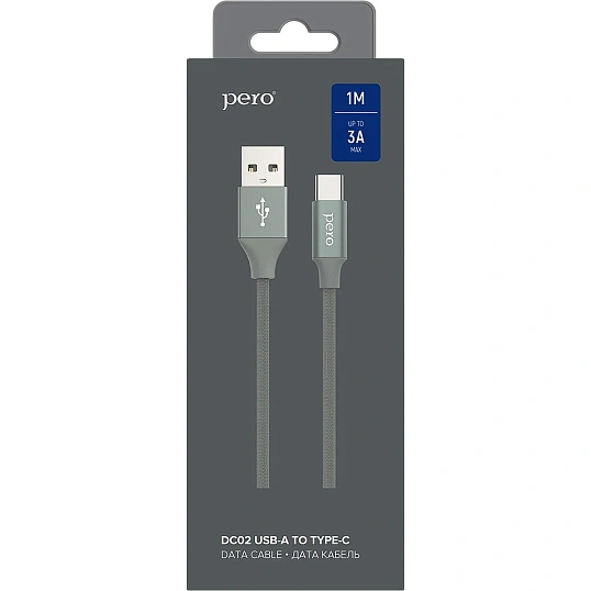 Кабель USB PERO DC-02 Type-C, 3А, 1м, серый