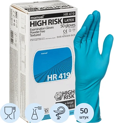 Перчатки мед.смотров. латекс,н/с,н/о, MANUAL HR419 High Risk  XL 25пар,ПС