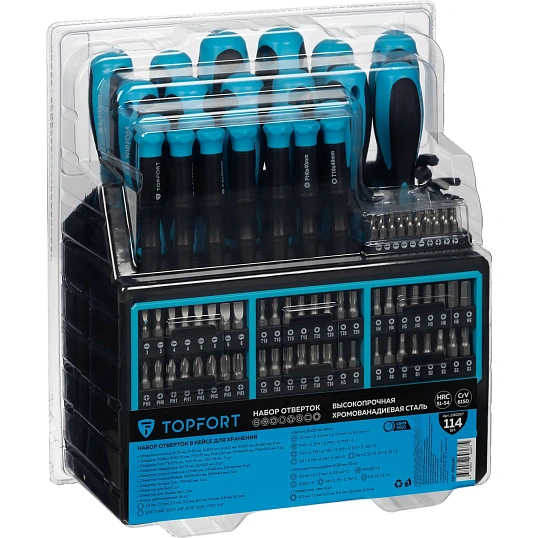 Набор отверток Topfort с битами, головками, шестигр. 114 предм (5311114)