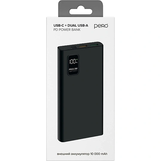 Внешний аккумулятор PERO PB05 10000 mAh,Li-Pol,output USB-C + 2USB-A,черный