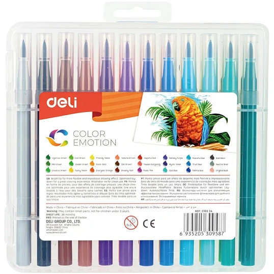 Фломастеры набор Deli Color Emotion кисть смываемые 24цв. пластик. Пенал
