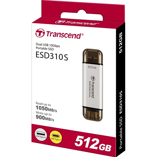 Портативный SSD Transcend 512Gb, USB 10Gbps, Type-C/Type-A, Серебряный