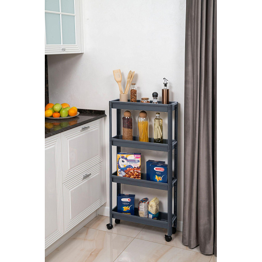 Этажерка М_VIKEA узкая 4-х ярусная на колесах, серый