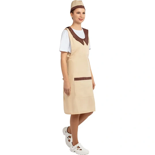 Фартук сарафан Маркет Профи с пилоткой всеразмерный цв. беж/шок