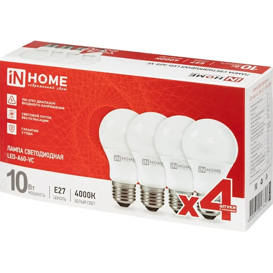 Лампа светодиодная LED-A60-VC 4PACK 10Вт 230В Е27 4000К (4шт./упак) IN HOME