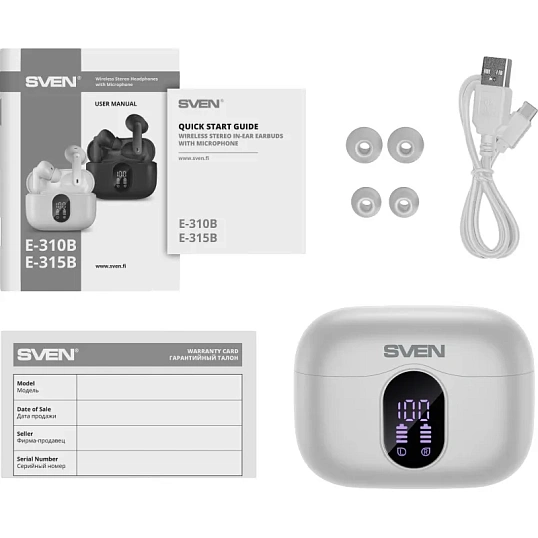Наушники Sven E-310B, белый, Bluetooth, TWS, ANC, ENC