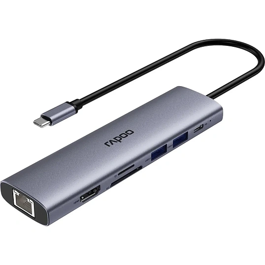 Разветвитель USB RAPOO 7в1 USB-C - PD+HDMI+USB+SD,TF+RJ45(13242)XD71-SGRY