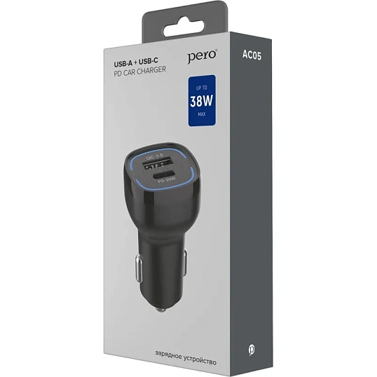 Зарядное устройство автомобильное PERO AC05 USB-A QC3.0/USB-C PD/38W/черное