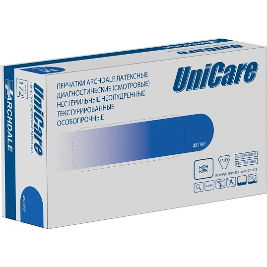 Перчатки латексные н/с, н/о UNICARE р.S (25пар/уп),ПС