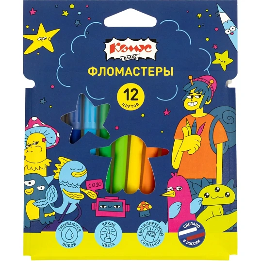 Фломастеры Комус Класс Максики 12 цв. наб.,вентилир.,смыв., карт. упак