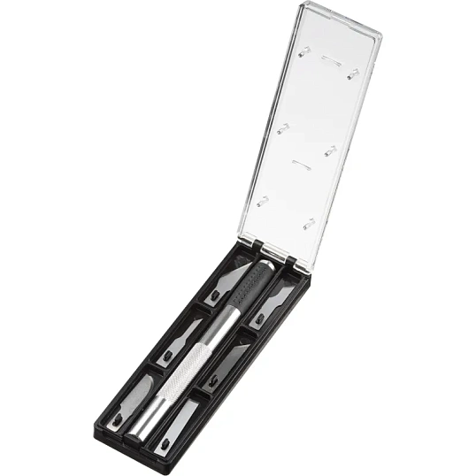 Нож макетный TOPFORT Набор 7поз.:нож мет.+TPR + 6лезв.разн.тип,пласт.бокс