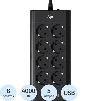 Сетевой фильтр AGNI 8р/5м,3USB,1TYPE-C 20W,черный(TP-FA4U8E-C-5m-black)