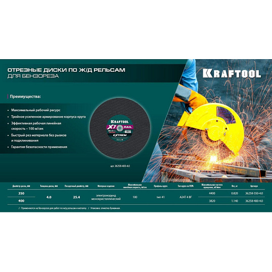 Диск отрезной KRAFTOOL X7-EXTREM RAIL по Ж/Д рельсам 350 мм, 36258-350-4.0