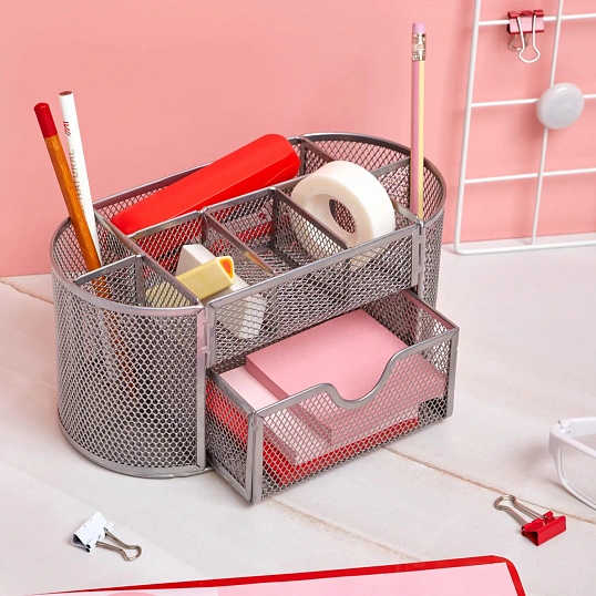 Подставка-органайзер д/канц.мелочей Комус 9от мет сетка 220х110х105мм сереб