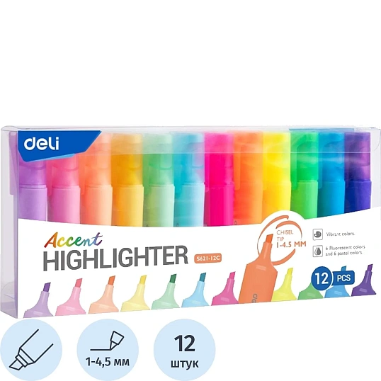 Набор текстовыделителей Deli 1-4,5мм, скош.нак.,12цв, паст.флуо. ES621-12C