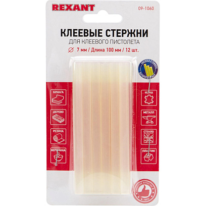 Стержень клеевой REXANT d7.4х100мм прозрачные светящиеся, 12шт. (09-1060)