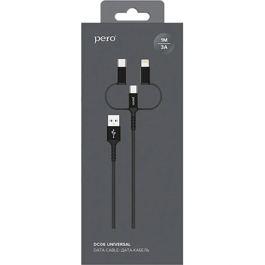 Кабель USB PERO DC-06 3 in 1 (Lightning/micro USB/Type-C), 3А, 1м, черный