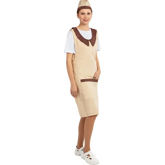 Фартук сарафан Маркет Профи с пилоткой всеразмерный цв. беж/шок