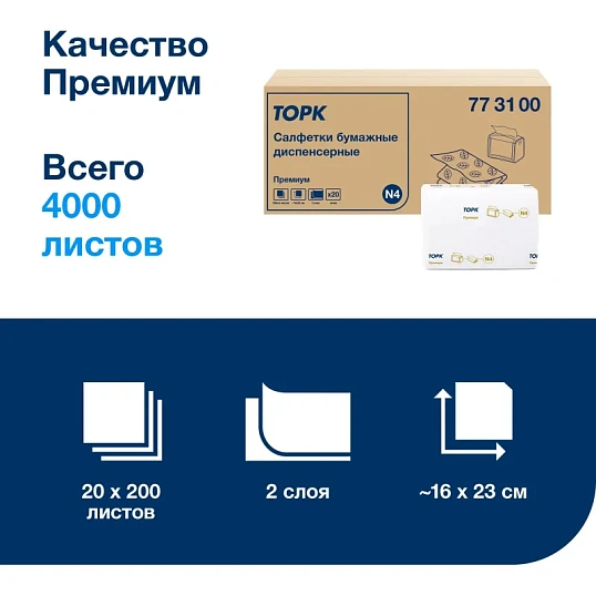 Салфетки бумажные д/дисп Торк Экспресснап Прем 2слN4 200л20пач/уп,цел773100