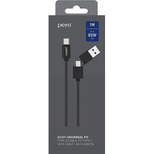 Кабель USB PERO DC-07 UNIVERSAL 2 in 1, USB-A + PD  to Type-C, 1m, Black