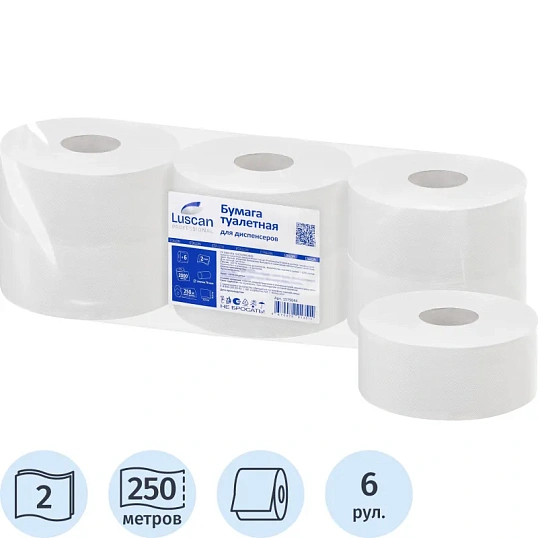 Бумага туалетная д/дисп Luscan Prof Etalon 2сл бел цел втул 250м 6рул/уп