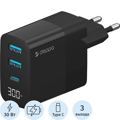 Зарядное устройство сетевое Deppa 2хUSB A+USB-C, PD, QC 3.0, 30W, черный