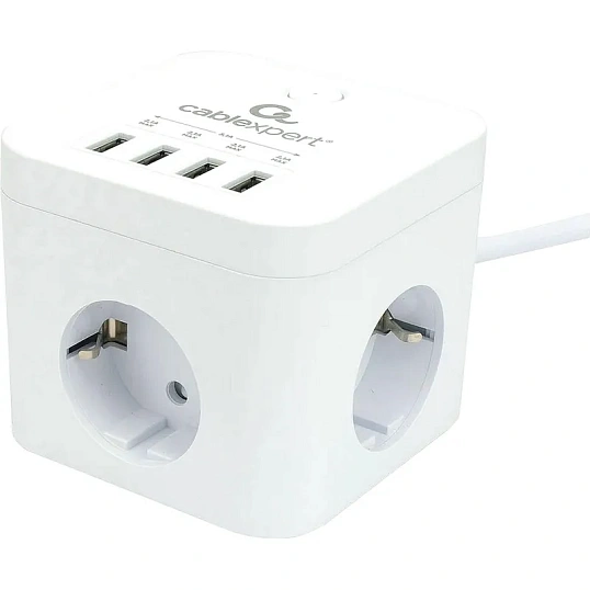 Сетевой фильтр Cablexpert Cube 3р/1,5м, 10А, 4хUSB, белый(CUBE-3-U4-W-1.5)