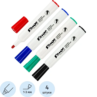 Набор маркеров для белых досок Комус 1-3мм, кругл. наконечник, 4цвета, ПВХ