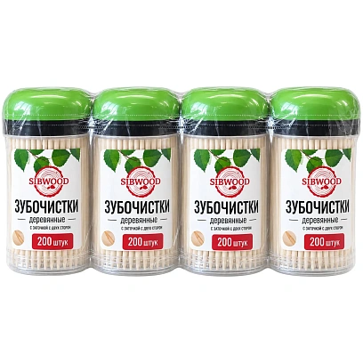 Зубочистки из дерева SIBWOOD  4 шт/уп, ЗБ200