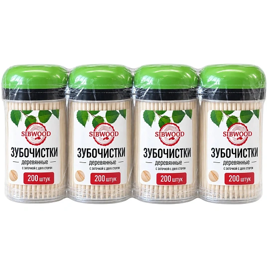 Зубочистки из дерева SIBWOOD  4 шт/уп, ЗБ200