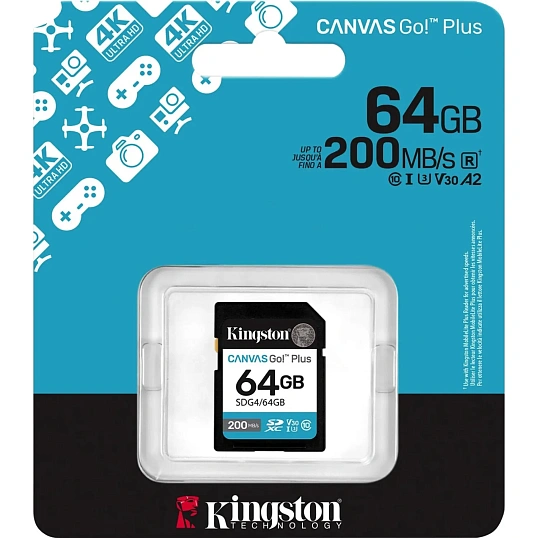 Карта памяти SDXC Kingston Canvas Go Plus G4 64G, G4 200R V30 SDG4/64GB