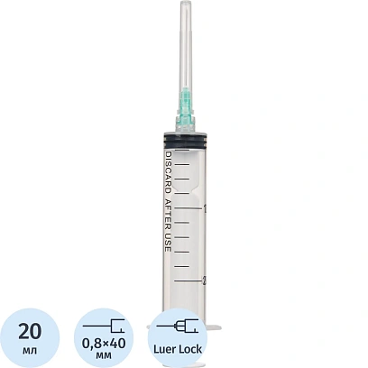 Шприц 3-комп. однораз. 20мл LL 21G(0,8x40) над. 40шт/уп Джинлонг