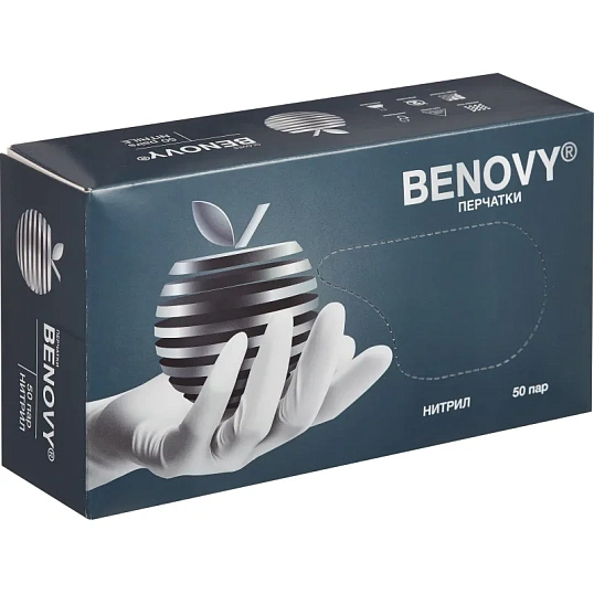 Перчатки нитрил, н/c, н/о, текстур, Benovy (M) 50п/уп, белый
