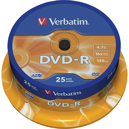 Носители информации DVD-R, 16x, Verbatim Azo Matt Silver, Cake/25, 43522