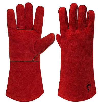 Краги спилковые пятипалые КЕ1470 красные с подкл. (12 пар/уп)