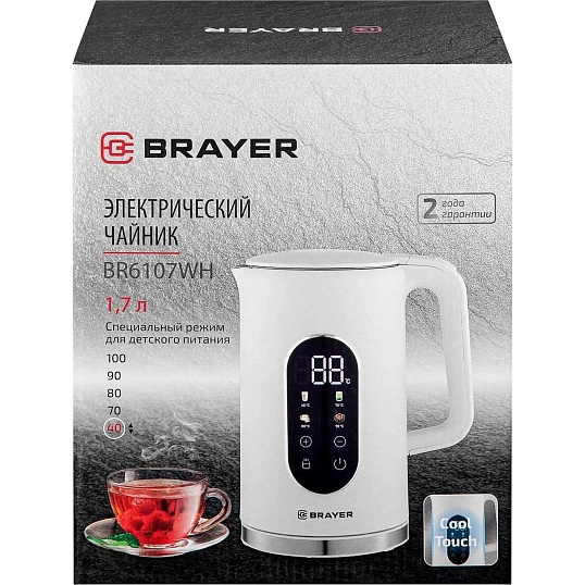 Чайник BRAYER 6107BR-WH,электрический,2200Вт,1,7л,Cool Touch,cенсор.управл