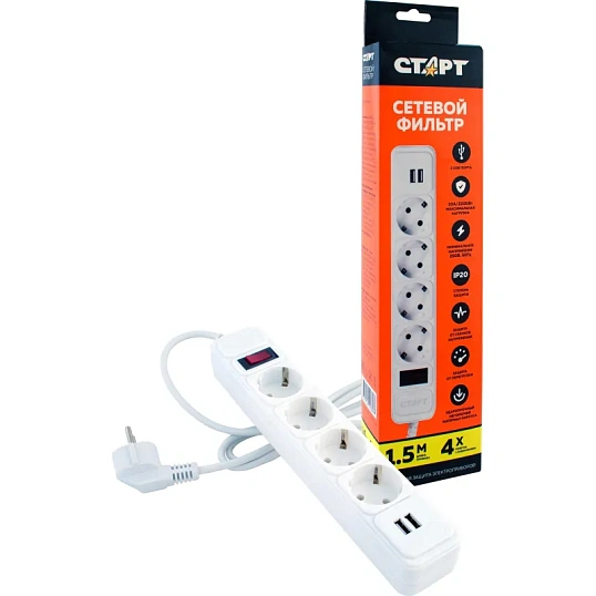 Сетевой фильтр СТАРТ С/УД-Ф SP 4x1 2USB ZVT 4р/1,5м 10А/2200Вт белый