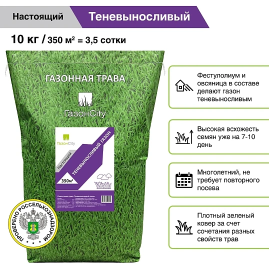 Семена газона Настоящий газон ТЕНЕВЫНОСЛИВЫЙ ГАЗОН 10кг, 82666639