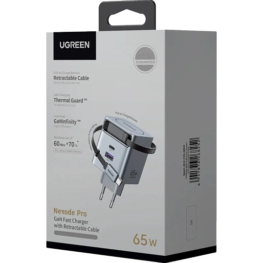 Зарядное устройство UGREEN X615(65825)выдв каб,65W GaN,USB-C&A,серый космос