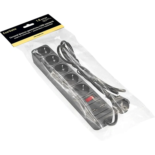 Сетевой фильтр ExeGate SP-5-USB-1.8B 5р/1,8м, 2 USB,черный(EX295490RUS)