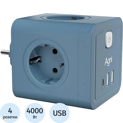 Тройник AGNI 4/220 + 2 USB + 1 Type C,синий(TP-WJ3U4E-C-blue)