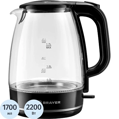 Чайник электрический BRAYER BR1030,2.2 кВт, 1,7 л, стекло,автооткл.,подсвет