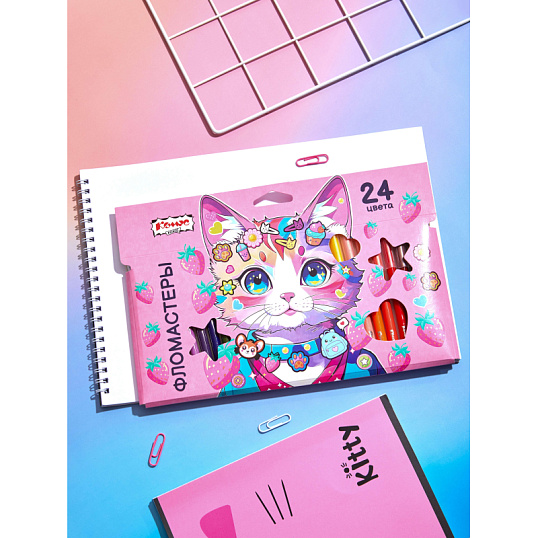 Фломастеры Комус Класс Kitty stickers 24 цв. в наб.,вентилир.,картон.упак