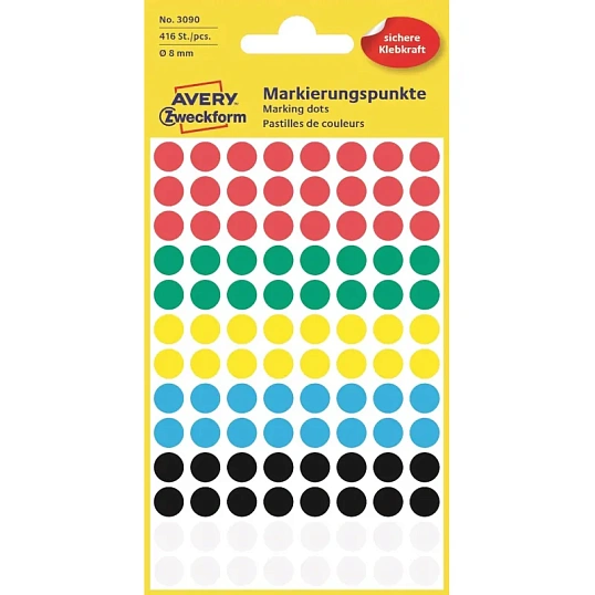 Этикетки самоклеящиеся  точки, 3090,  d=8mm,разноцветные, 416шт/уп