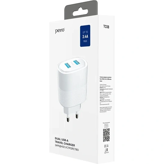 Зарядное устройство сетевое PERO TC08 AUTO MAX 2USB 3.4А белый